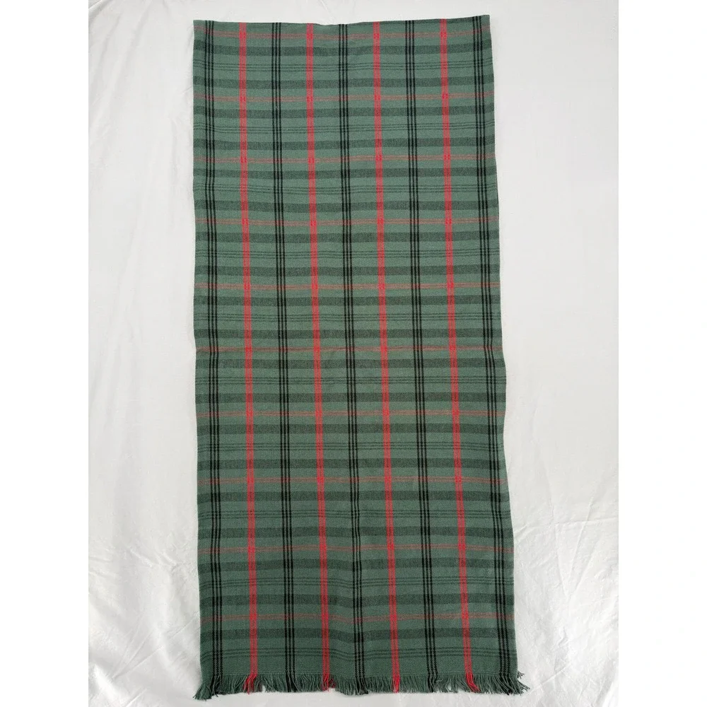 Rustic Table Runner Oversize Green Red Plaid 88x20.5 100% Cotton Fringed